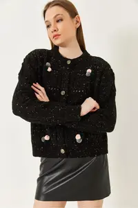 Bianco Lucci Women with pompom Patterned Knitwear Cardigan - Image 3