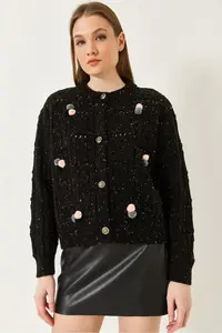Bianco Lucci Women with pompom Patterned Knitwear Cardigan - Image 4