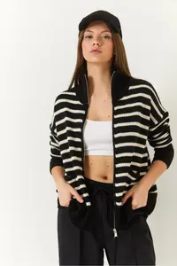 Bianco Lucci Women Striped Zippered Knitwear Cardigan - Image 2