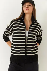 Bianco Lucci Women Striped Zippered Knitwear Cardigan - Image 3