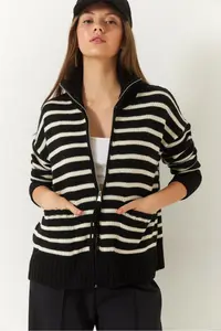 Bianco Lucci Women Striped Zippered Knitwear Cardigan - Image 4