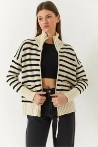 Bianco Lucci Women Striped Zippered Knitwear Cardigan - Image 2