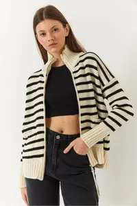 Bianco Lucci Women Striped Zippered Knitwear Cardigan - Image 3
