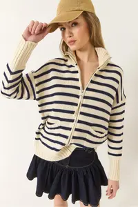 Bianco Lucci Women Striped Zippered Knitwear Cardigan