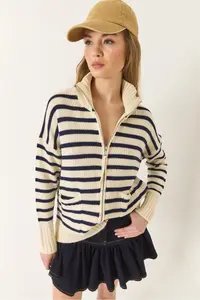 Bianco Lucci Women Striped Zippered Knitwear Cardigan - Image 2