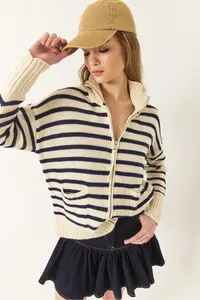 Bianco Lucci Women Striped Zippered Knitwear Cardigan - Image 3