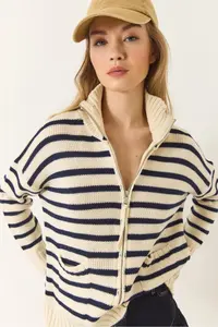 Bianco Lucci Women Striped Zippered Knitwear Cardigan - Image 4