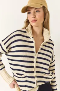 Bianco Lucci Women Striped Zippered Knitwear Cardigan - Image 5