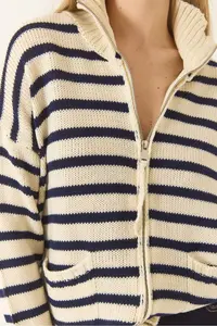 Bianco Lucci Women Striped Zippered Knitwear Cardigan - Image 6