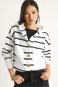 Bianco Lucci Women Striped Big with pocket Hooded Cardigan