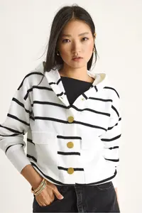 Bianco Lucci Women Striped Big with pocket Hooded Cardigan - Image 2