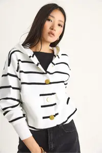Bianco Lucci Women Striped Big with pocket Hooded Cardigan - Image 3