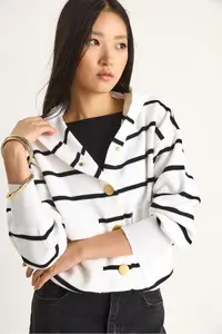 Bianco Lucci Women Striped Big with pocket Hooded Cardigan - Image 4