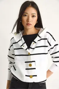 Bianco Lucci Women Striped Big with pocket Hooded Cardigan - Image 6