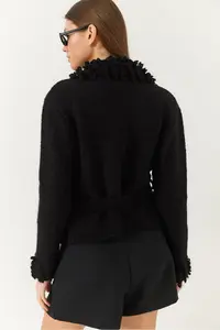 Bianco Lucci Women's Collar and Sleeve End Tasseled Knitwear Cardigan - Image 5