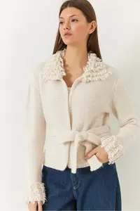 Bianco Lucci Women's Collar and Sleeve End Tasseled Knitwear Cardigan - Image 2