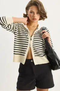 Bianco Lucci Women's Striped Hooded Double Zipper Basic Cardigan