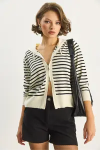 Bianco Lucci Women's Striped Hooded Double Zipper Basic Cardigan - Image 2
