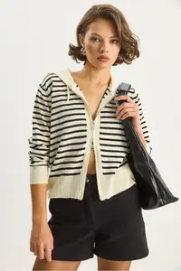 Bianco Lucci Women's Striped Hooded Double Zipper Basic Cardigan - Image 3