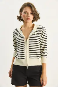 Bianco Lucci Women's Striped Hooded Double Zipper Basic Cardigan - Image 4