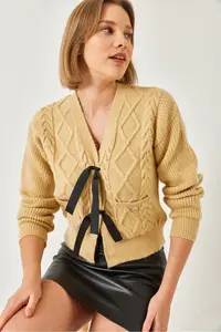 Bianco Lucci Women Front with bow with pocket Knitwear Cardigan - Image 2