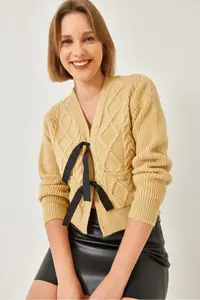 Bianco Lucci Women Front with bow with pocket Knitwear Cardigan - Image 3