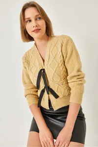 Bianco Lucci Women Front with bow with pocket Knitwear Cardigan - Image 4