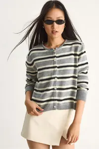 Bianco Lucci Women Striped Crew Neck Knitwear Cardigan