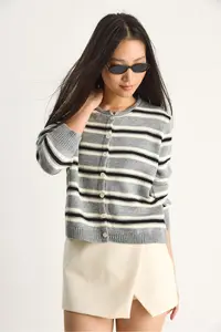 Bianco Lucci Women Striped Crew Neck Knitwear Cardigan - Image 2