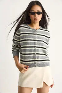 Bianco Lucci Women Striped Crew Neck Knitwear Cardigan - Image 3