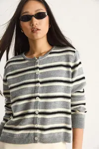 Bianco Lucci Women Striped Crew Neck Knitwear Cardigan - Image 4