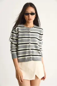 Bianco Lucci Women Striped Crew Neck Knitwear Cardigan - Image 5