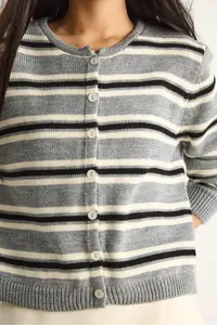 Bianco Lucci Women Striped Crew Neck Knitwear Cardigan - Image 6