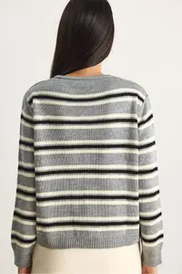 Bianco Lucci Women Striped Crew Neck Knitwear Cardigan - Image 7