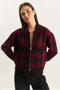 Bianco Lucci Women's Diamond Patterned Collared Zippered Knitwear Cardigan - Image 6