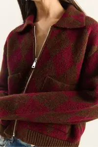 Bianco Lucci Women's Diamond Patterned Collared Zippered Knitwear Cardigan - Image 6