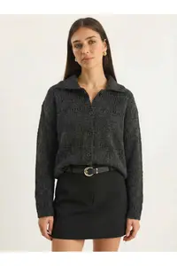 Bianco Lucci Women's Pointelle Knitted Buttoned Shawl Collar Cardigan - Image 2