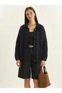 Bianco Lucci Women's Pointelle Knitted Buttoned Shawl Collar Cardigan