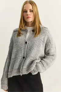 Bianco Lucci Women's Pointelle Knitted Buttoned Shawl Collar Cardigan