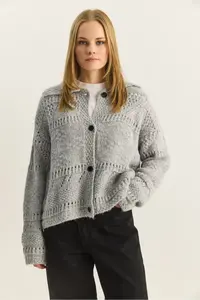 Bianco Lucci Women's Pointelle Knitted Buttoned Shawl Collar Cardigan - Image 2