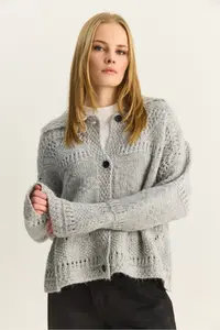 Bianco Lucci Women's Pointelle Knitted Buttoned Shawl Collar Cardigan - Image 4