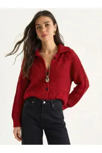 Bianco Lucci Women's Pointelle Knitted Buttoned Shawl Collar Cardigan