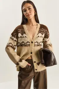 Bianco Lucci Women's Geometric Patterned Rose Gold Knitwear Cardigan