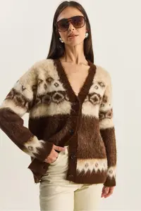 Bianco Lucci Women's Geometric Patterned Rose Gold Knitwear Cardigan