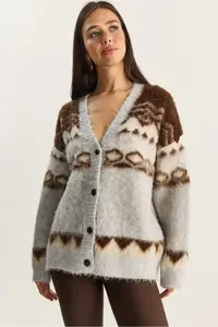 Bianco Lucci Women's Geometric Patterned Rose Gold Knitwear Cardigan