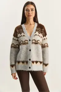 Bianco Lucci Women's Geometric Patterned Rose Gold Knitwear Cardigan - Image 2
