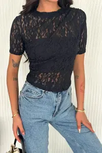 Cool & Sexy Women Black Lace Short Sleeve Blouse
