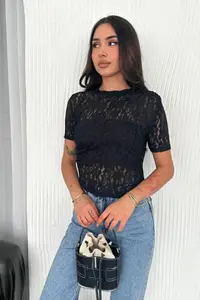 Cool & Sexy Women Black Lace Short Sleeve Blouse - Image 2