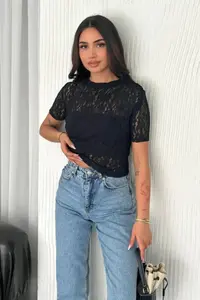 Cool & Sexy Women Black Lace Short Sleeve Blouse - Image 3