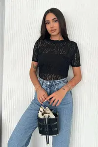 Cool & Sexy Women Black Lace Short Sleeve Blouse - Image 4